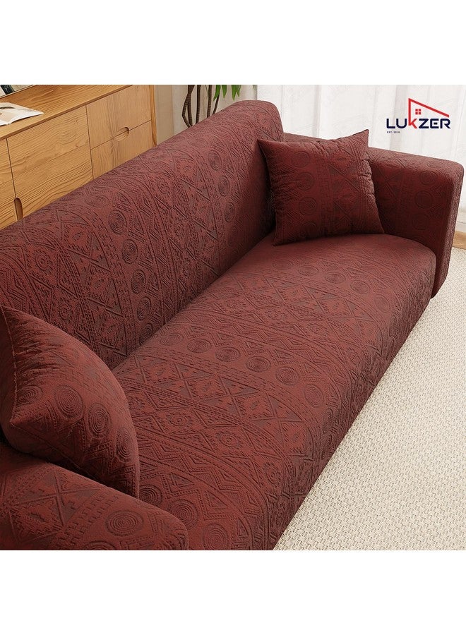 Lukzer 3 Seater Pastel Deep Maroon Tribal Pattern Sofa Cover | 240 GSM Universal Stretch Fit Jacquard Fabric Couch Protector | Fully Covered Anti Slip & Washable Sofa Cover (180-230cm/SC-135-03) - Image 3