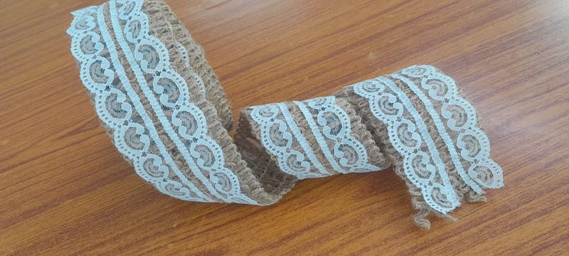 PCJS - 5 Meter Cotton Soft Premium Natural Jute Burlap Ribbon with White Lace and Jute Twine for DIY Projects, Party Décor, Gift-Wrapping, Vintage Wedding Home Décor, Scrapbooking - 5 Mtr - Image 1