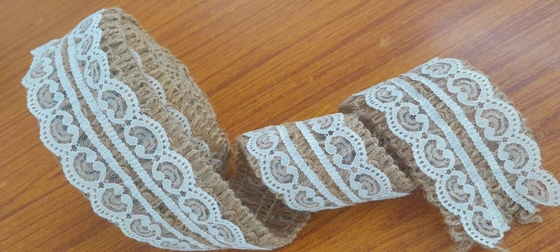 PCJS - 5 Meter Cotton Soft Premium Natural Jute Burlap Ribbon with White Lace and Jute Twine for DIY Projects, Party Décor, Gift-Wrapping, Vintage Wedding Home Décor, Scrapbooking - 5 Mtr - Image 2