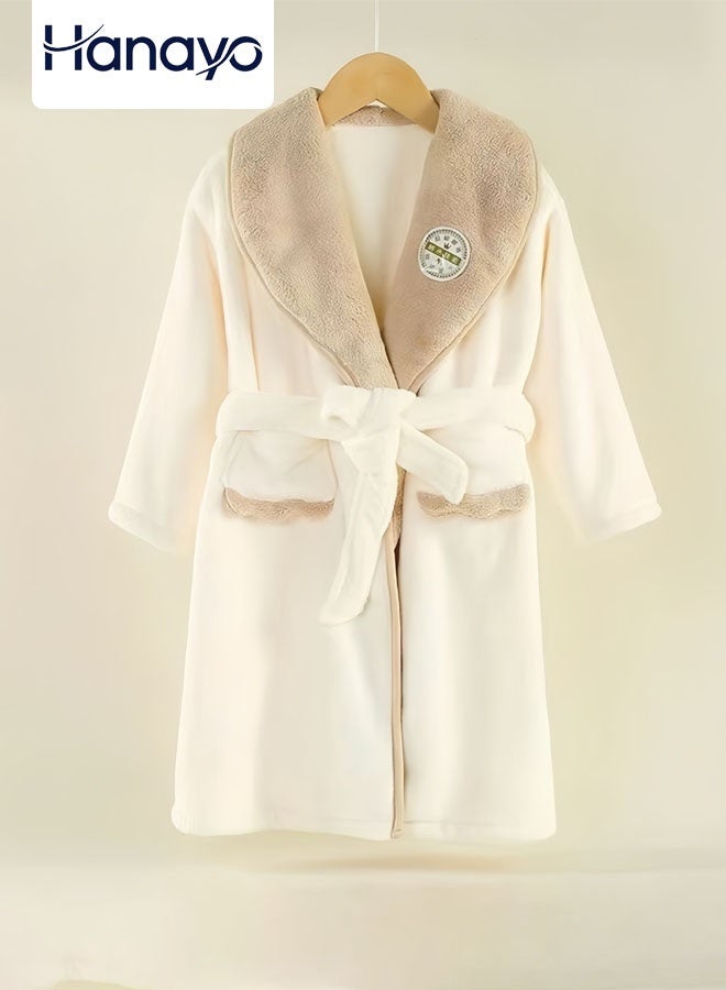 Hanayo Kids Bath Robe Winter Nightgown Cute Bathrobe for Girls & Boys Unisex Bathrobe V Neck Long Sleeve Sleepwear Robe Casual Pajamas Perfect for Toddler Everyday Use(Beige,M) - Image 1