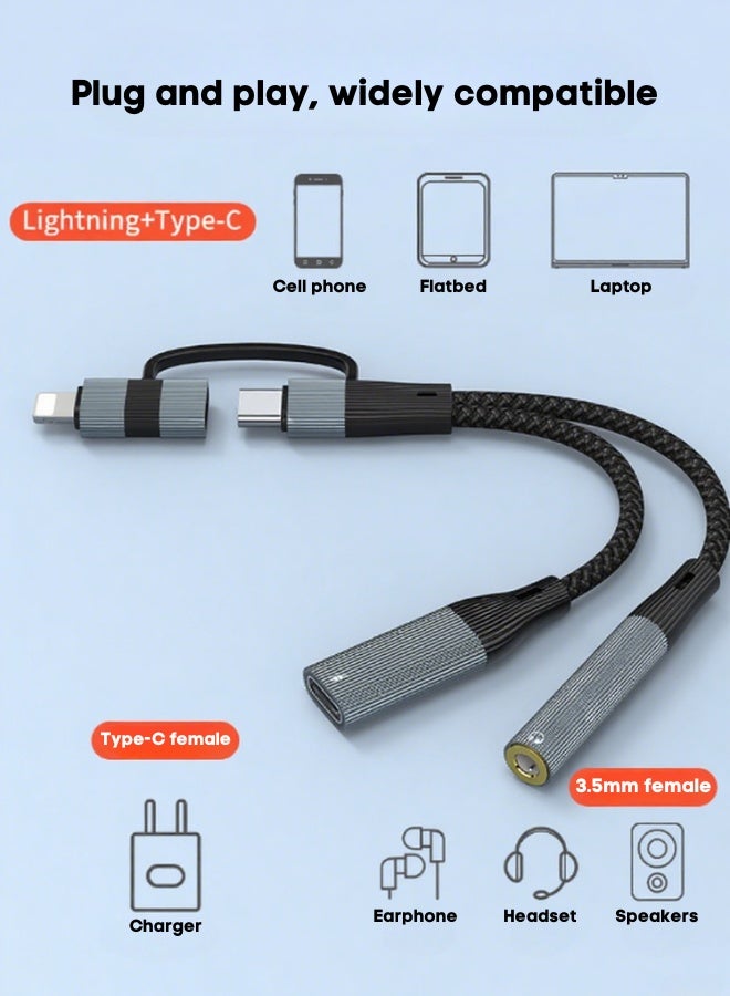 60W Type-C And Apple Earphone Audio Adapter Cable For Mobile Phones And Laptops Charging Port + Otg Data Port Independent Line Body Small And Convenient - Gray