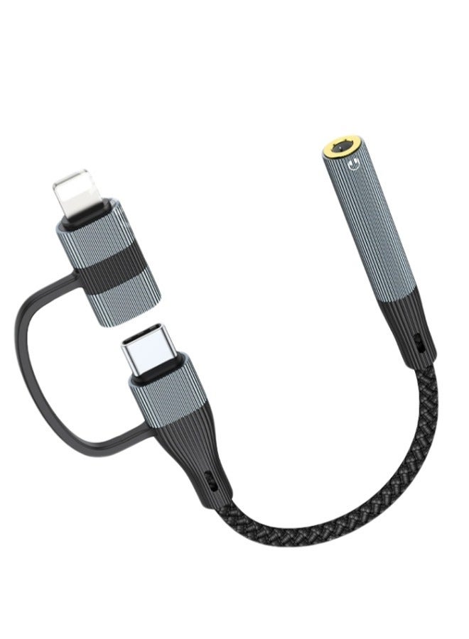 60W Type-C And Apple Earphone Audio Adapter Cable For Mobile Phones And Laptops Charging Port + Otg Data Port Independent Line Body Small And Convenient - Gray