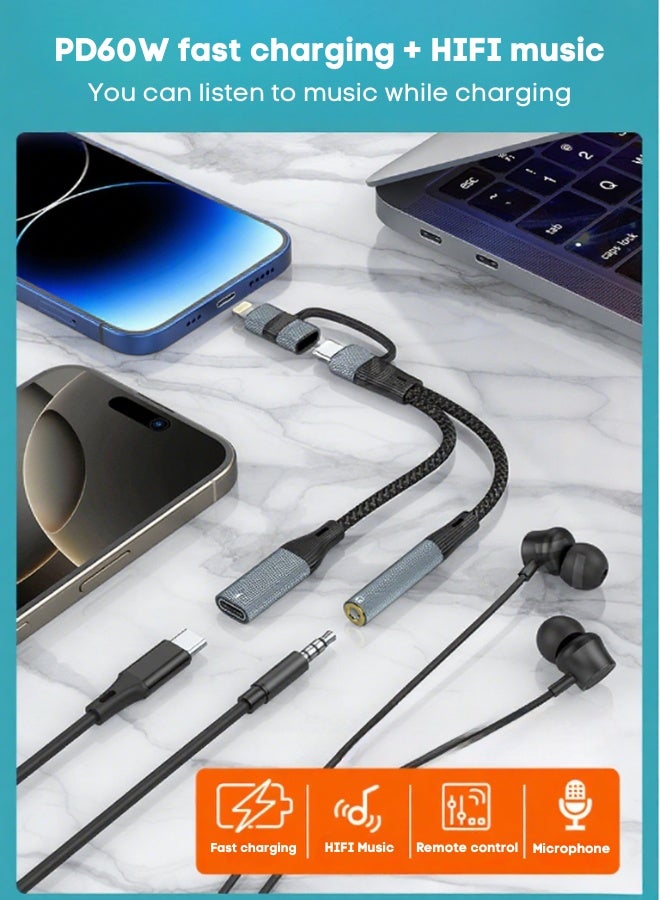 60W Type-C And Apple Earphone Audio Adapter Cable For Mobile Phones And Laptops Charging Port + Otg Data Port Independent Line Body Small And Convenient - Gray