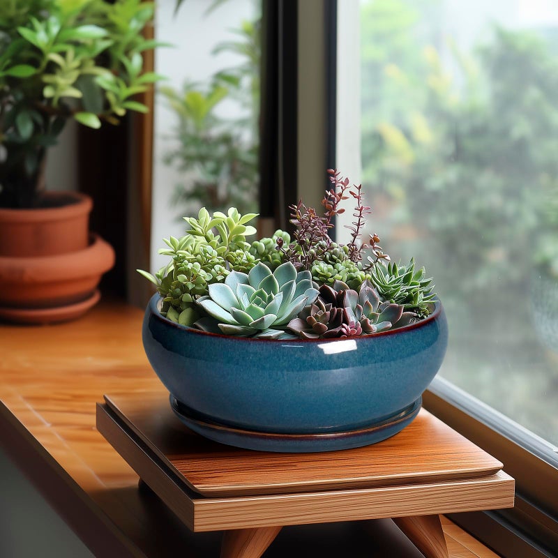 Sqowl Bonsai Pots - 8 Inch Ceramic Succulent Pots With Drainage Hole And Saucer  Round Shallow Planter For Indoor Outdoor Plants Flowers  Ceramic Planter Bowl  Room Decor  Gardening Gifts  Blue - Image 4