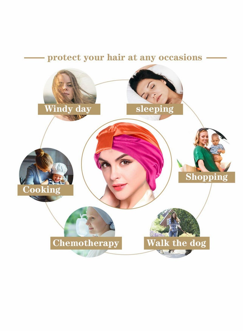 Sleep Cap Turban Hat Non slip Elastic Silk Bonnet, for Woman Girl Curly Long Hair, Satin Sleeping Cap for Hair Women, Oversized Design for All Length Thick Curly Hair (2Pcs) - Image 5