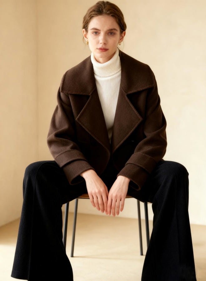 utcoco Womens Short Wool Pea Coat Notched Lapel Cropped Woolen Trench Coat with Pockets, Coffee, S - Image 4