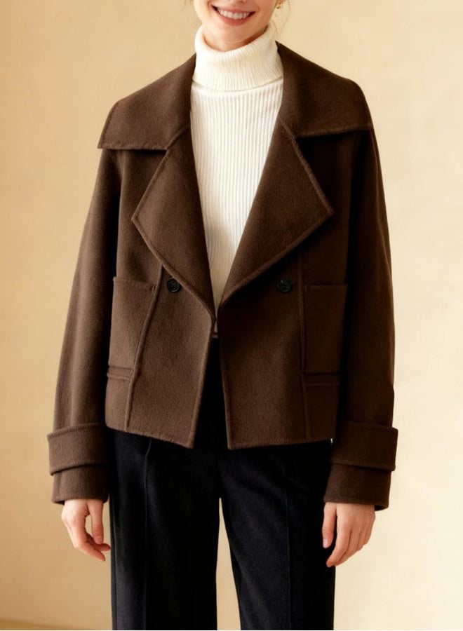 utcoco Womens Short Wool Pea Coat Notched Lapel Cropped Woolen Trench Coat with Pockets, Coffee, S - Image 5