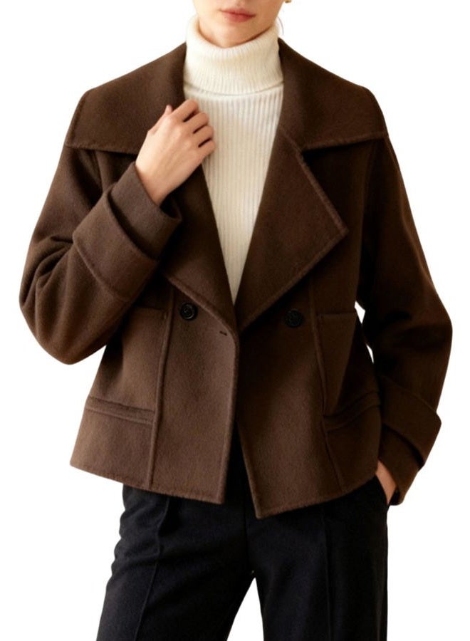 utcoco Womens Short Wool Pea Coat Notched Lapel Cropped Woolen Trench Coat with Pockets, Coffee, S - Image 1