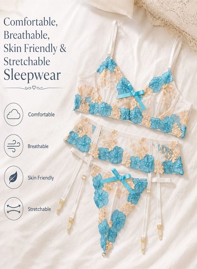 MARGOUN Floral Lace Set Pajamas Fashion Sleepwear Embroidery Blue - Image 4
