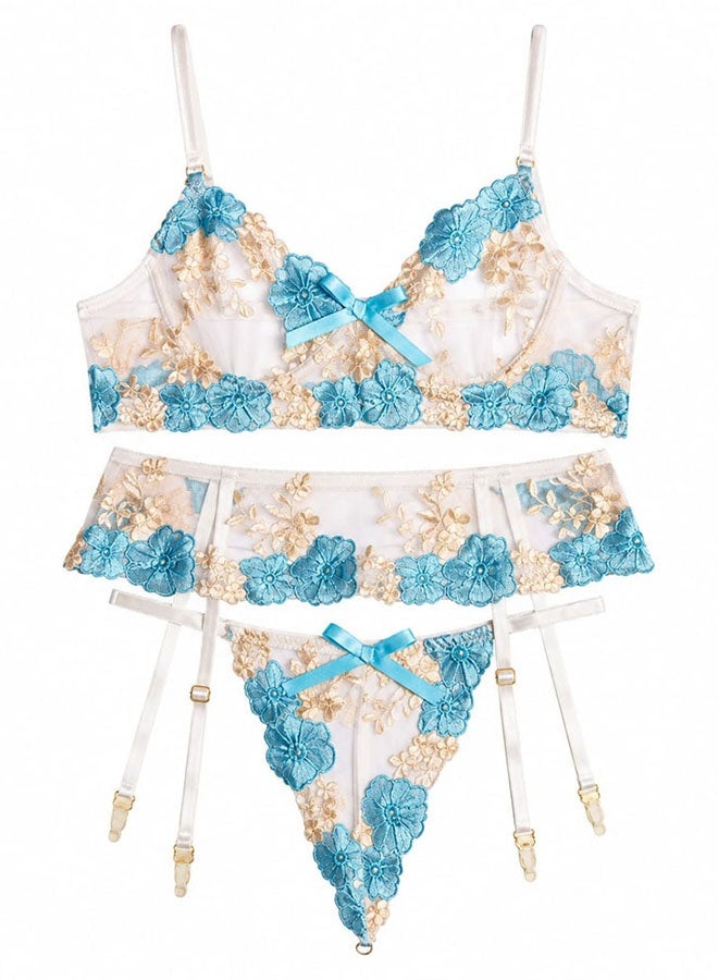 MARGOUN Floral Lace Set Pajamas Fashion Sleepwear Embroidery Blue - Image 3