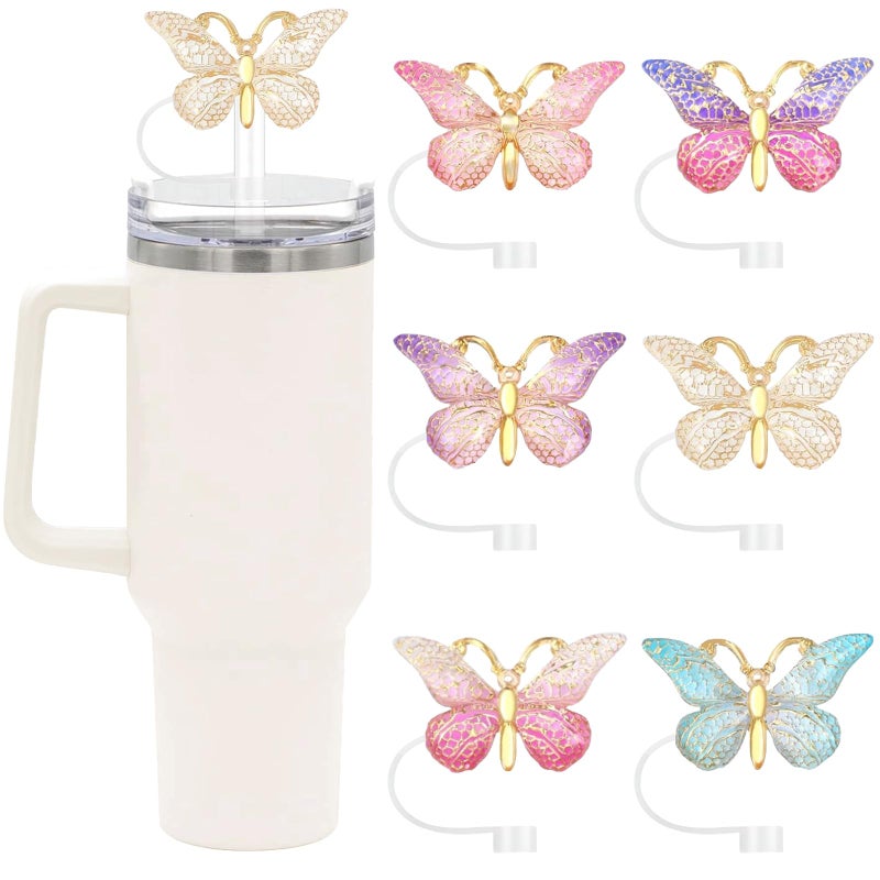 SEMATA 6PCS Cute Butterfly Straw Cover Cap for Stanley Cup Accessories,Bling Straw Toppers for Stanley Tumbler 40&30 oz,Reusable Straws Tips Protectors Compatible with 10mm Straws - Image 1