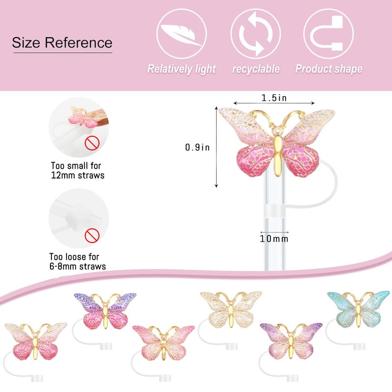SEMATA 6PCS Cute Butterfly Straw Cover Cap for Stanley Cup Accessories,Bling Straw Toppers for Stanley Tumbler 40&30 oz,Reusable Straws Tips Protectors Compatible with 10mm Straws - Image 2