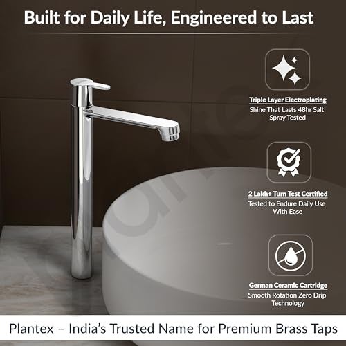 Plantex Pure Brass High Neck Pillar Tap for Wash Basin with Teflon Tape/Tabletop Wash Basin Tap/Pillar Cock with 7 Year Warranty (FLO-804-Mirror Chrome) - Image 2