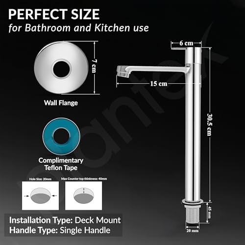Plantex Pure Brass High Neck Pillar Tap for Wash Basin with Teflon Tape/Tabletop Wash Basin Tap/Pillar Cock with 7 Year Warranty (FLO-804-Mirror Chrome) - Image 4