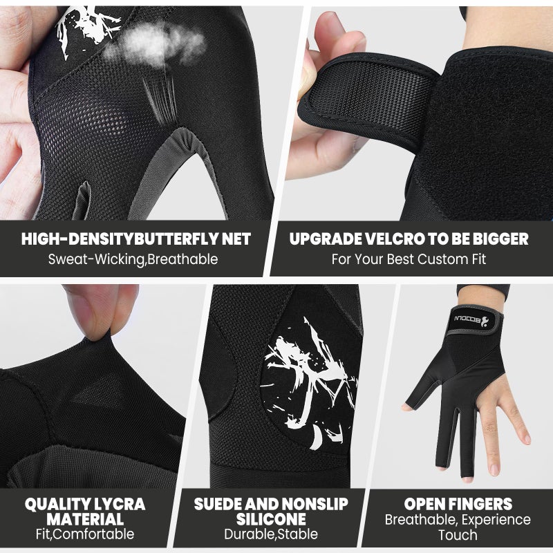 YFY Billiard Pool Gloves for Left Hand 3 Finger, Splicing Process, Snooker Cue Sport Glove Popular Sizes for Men & Women - Image 4