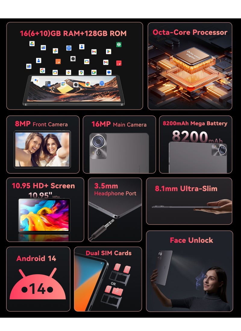 Cubot - CUBOT TAB 70,Wifi Tablet, 8.1mm Ultra-Slim,Android 14, 16(6+10)GB RAM+128GB ROM, 10.95'' HD+Touch Screen Tablet ,Dual SIM Card ,8200mAh Mega Battery, 8MP+16MP Camera, Octa Core Wifi 6 GPS Tab with Ultra-Slim Bluetooth Keyboard and Mouse Combo Rechargeable Portable Wireless Keyboard Mouse Set - Image 1