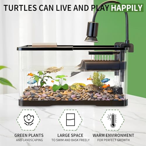 tuhaoking (Tank + Light +Pump + Filter Balls) Turtle Tank Kit, Turtle Tank Starter Kit,Bottom Drainage, Multi-Function Areas for Turtles, Crabs,Fishes, Amphibians,Reptiles. (15.75 x 8.64 x 8.64 Inch) - Image 3
