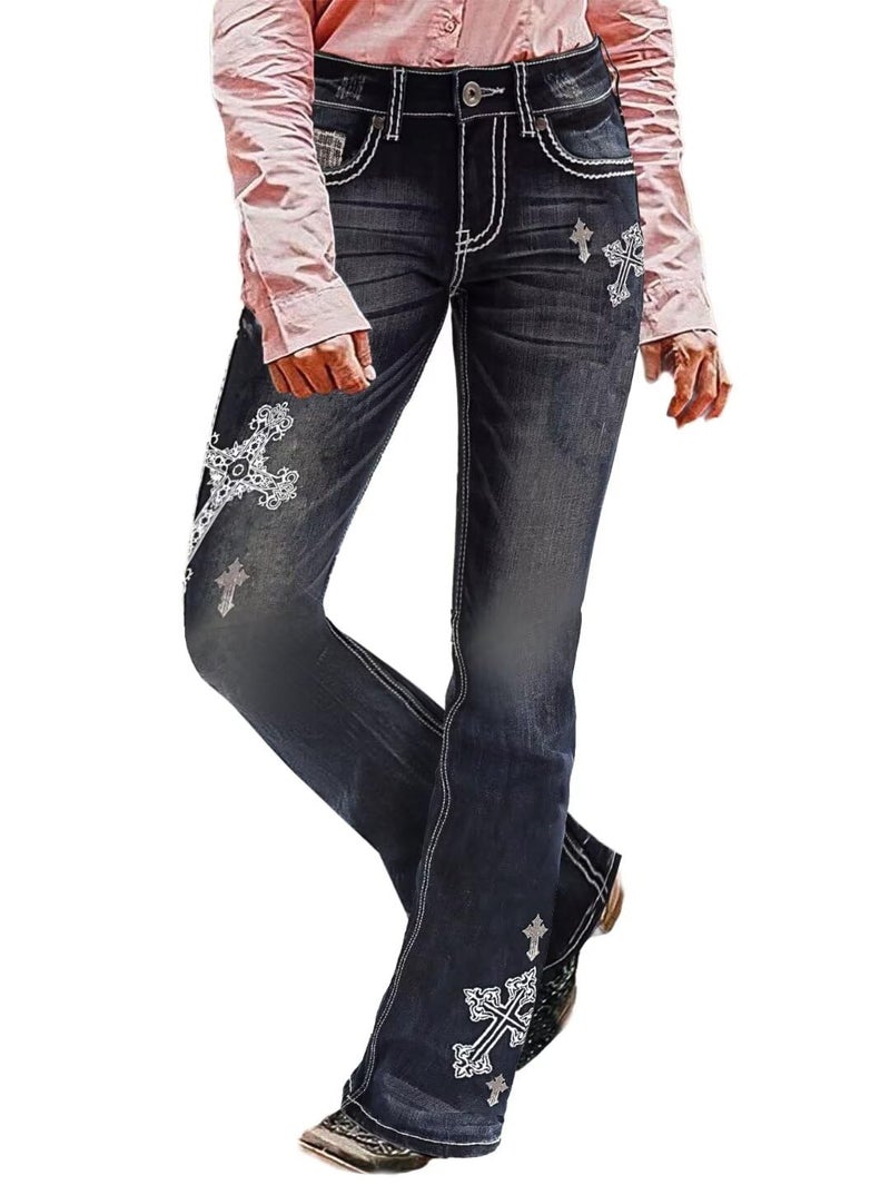Flamingals Women's Floral Embroidery Mid Waist High Stretch Bootcut Jeans with Pockets Dark Black Wash XL - Image 1