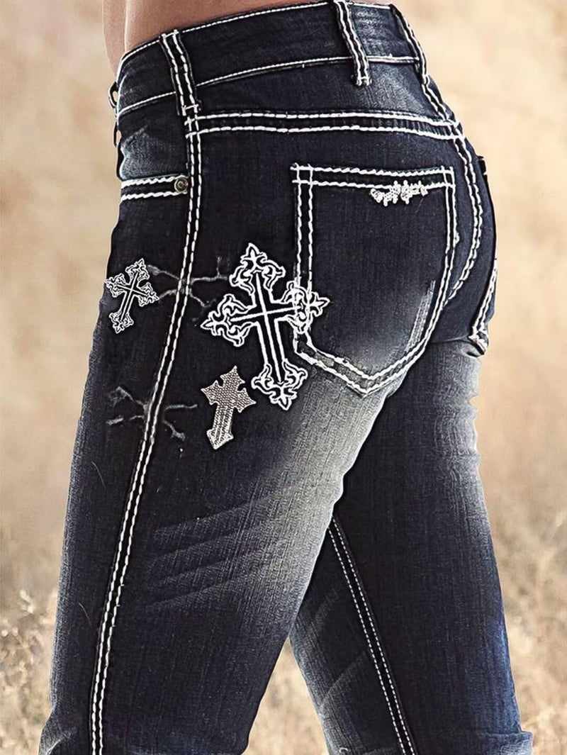 Flamingals Women's Floral Embroidery Mid Waist High Stretch Bootcut Jeans with Pockets Dark Black Wash XL - Image 5