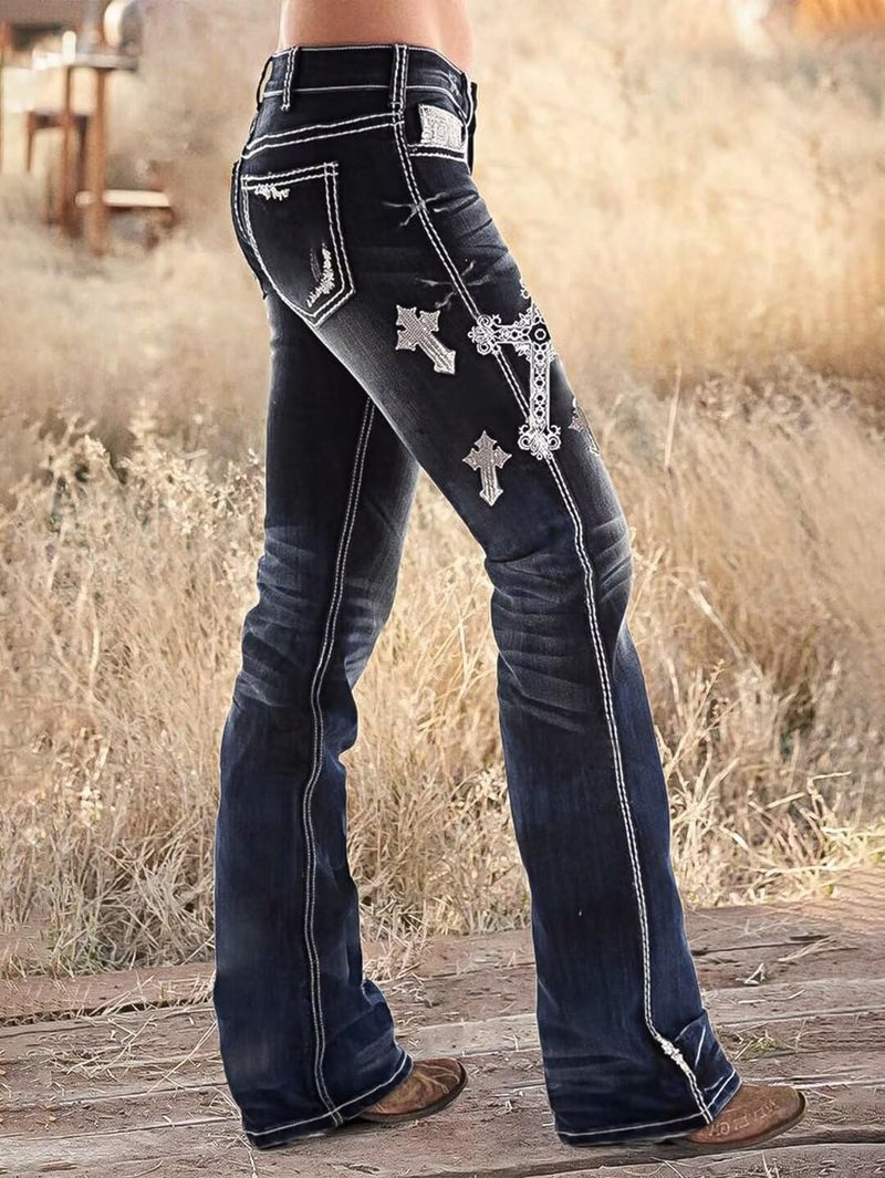 Flamingals Women's Floral Embroidery Mid Waist High Stretch Bootcut Jeans with Pockets Dark Black Wash XL - Image 2