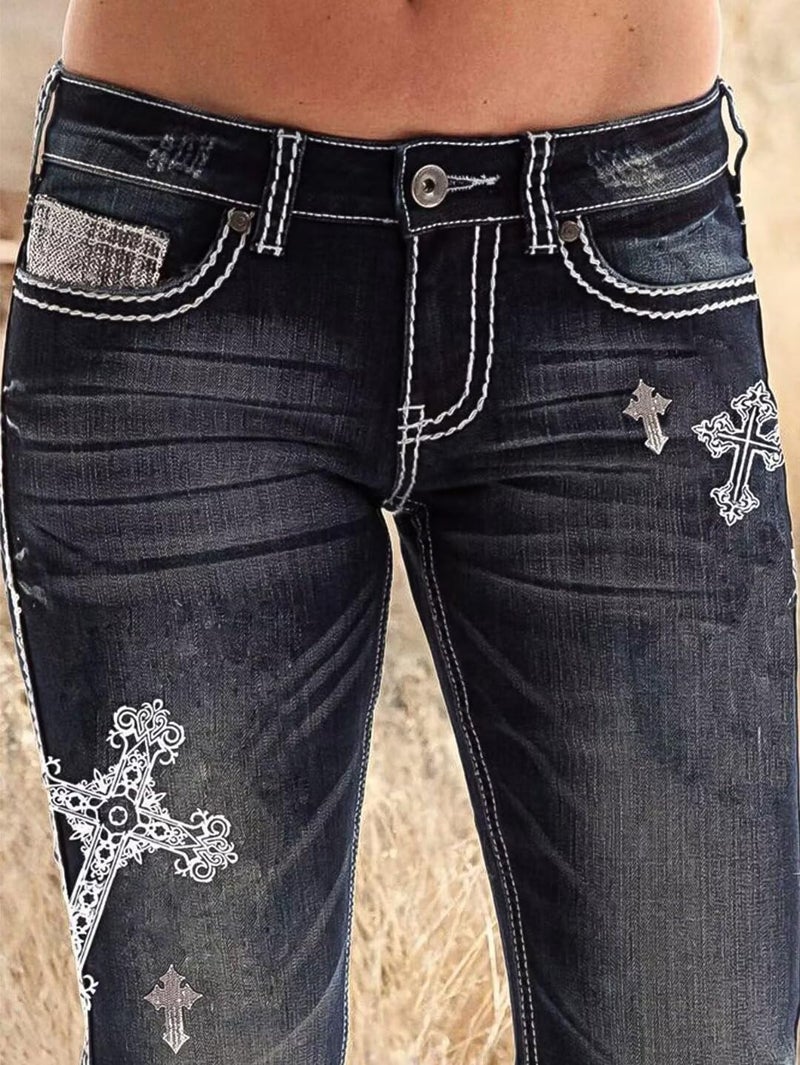 Flamingals Women's Floral Embroidery Mid Waist High Stretch Bootcut Jeans with Pockets Dark Black Wash XL - Image 4