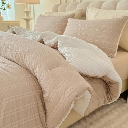 tohrisa Boho Comforter Set Twin Size Striped Pleats Bohemian Seersucker Bedding Set All Season Soft Cozy 2 Pieces Quilt with 1 Pillowcase(68"X90" Beige) - Image 1