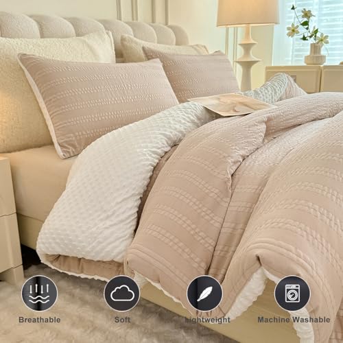 tohrisa Boho Comforter Set Twin Size Striped Pleats Bohemian Seersucker Bedding Set All Season Soft Cozy 2 Pieces Quilt with 1 Pillowcase(68"X90" Beige) - Image 4
