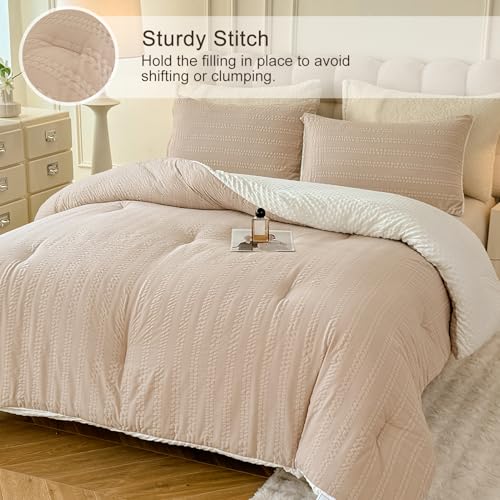 tohrisa Boho Comforter Set Twin Size Striped Pleats Bohemian Seersucker Bedding Set All Season Soft Cozy 2 Pieces Quilt with 1 Pillowcase(68"X90" Beige) - Image 2