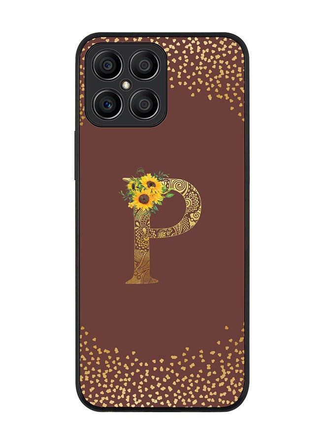 Stylizedd Rugged Black edge case for Honor X8 Slim fit Soft Case Flexible Rubber Edges Anti Drop TPU Gel Thin Cover - Custom Monogram Initial Letter Floral Pattern Alphabet - P (Brown ) - Image 1