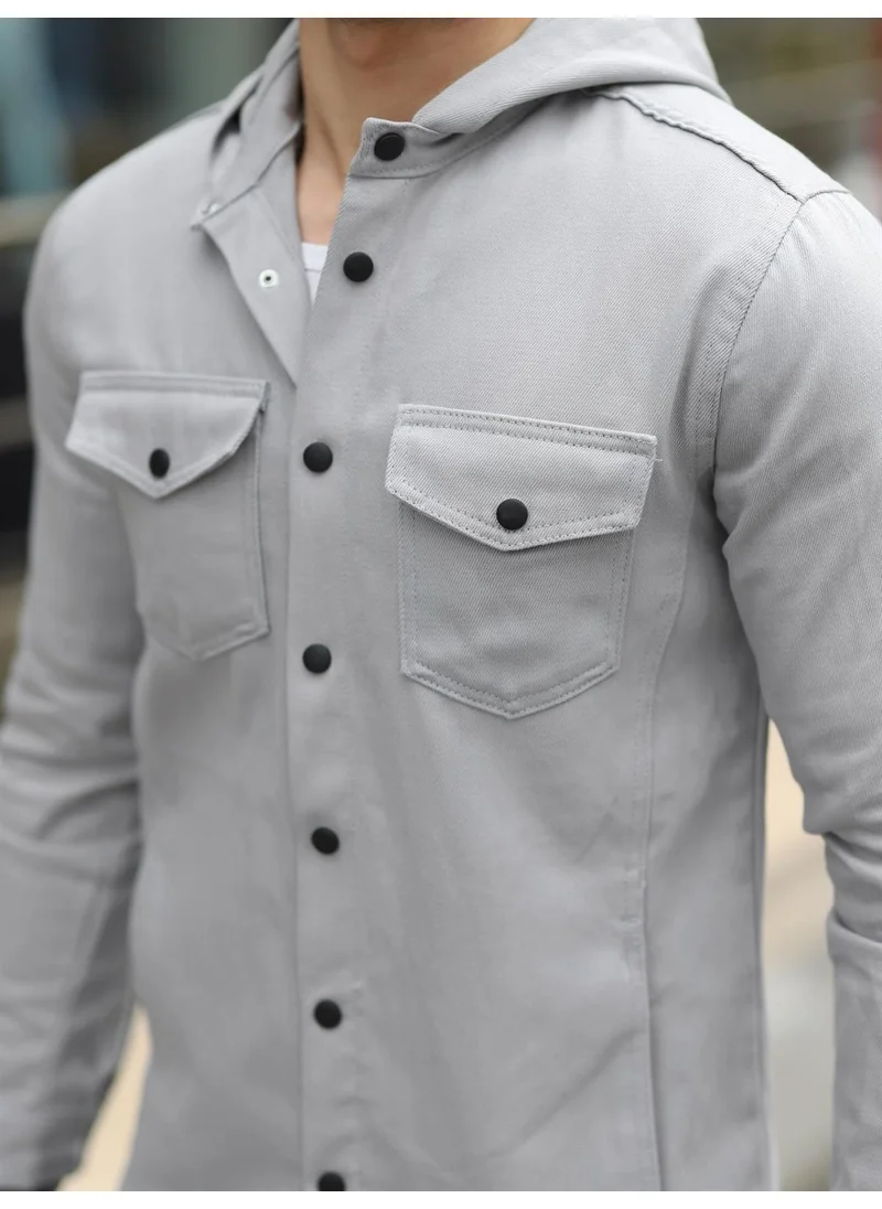 بوبودو Gray Color Hooded Denim Jacket