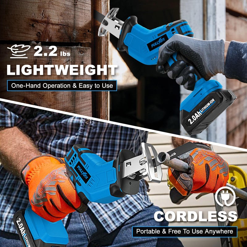FULLYEA Cordless Reciprocating Saw, 3500 RPM Electric Saws with 4 Blades & 2 Batteries, Toolâ€‘Free Blade Change, Handheld Saw Lightweight, Battery Reciprocating Saws for Cutting Wood PVC Pipe (Blue) - Image 3