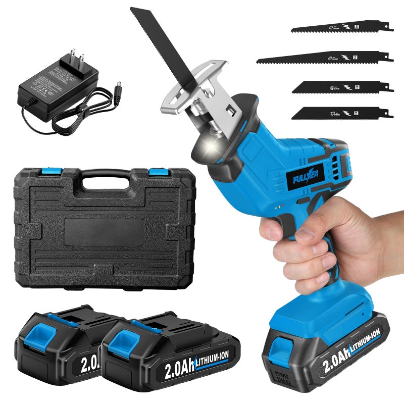FULLYEA Cordless Reciprocating Saw, 3500 RPM Electric Saws with 4 Blades & 2 Batteries, Toolâ€‘Free Blade Change, Handheld Saw Lightweight, Battery Reciprocating Saws for Cutting Wood PVC Pipe (Blue) - Image 1