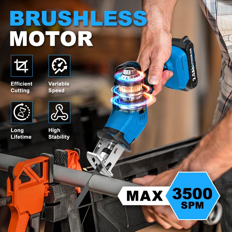 FULLYEA Cordless Reciprocating Saw, 3500 RPM Electric Saws with 4 Blades & 2 Batteries, Toolâ€‘Free Blade Change, Handheld Saw Lightweight, Battery Reciprocating Saws for Cutting Wood PVC Pipe (Blue) - Image 2