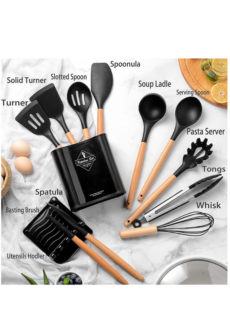Arabest 12pcs Silicone Kitchen Utensil Set Cooking Tools for Nonstick Heat Resistant Cookware Black - Image 2