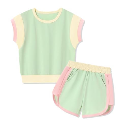 SANMIO Toddler Girl Clothes Summer Toddler Sweatsuit Color Block Short Sleeve Shorts 2-3T Girls Casual Sets 2 Piece Outfits Green - Image 1