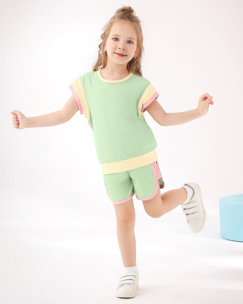 SANMIO Toddler Girl Clothes Summer Toddler Sweatsuit Color Block Short Sleeve Shorts 2-3T Girls Casual Sets 2 Piece Outfits Green - Image 4
