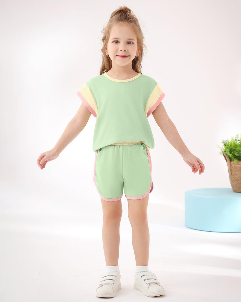 SANMIO Toddler Girl Clothes Summer Toddler Sweatsuit Color Block Short Sleeve Shorts 2-3T Girls Casual Sets 2 Piece Outfits Green - Image 3
