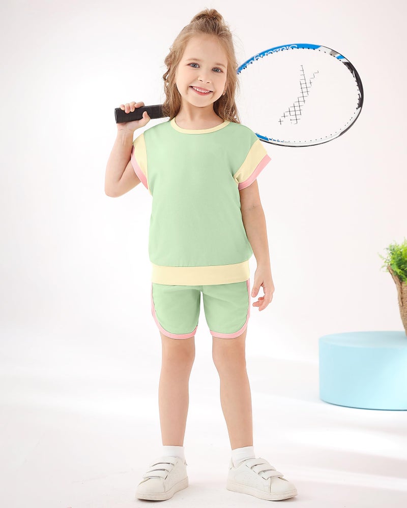 SANMIO Toddler Girl Clothes Summer Toddler Sweatsuit Color Block Short Sleeve Shorts 2-3T Girls Casual Sets 2 Piece Outfits Green - Image 2