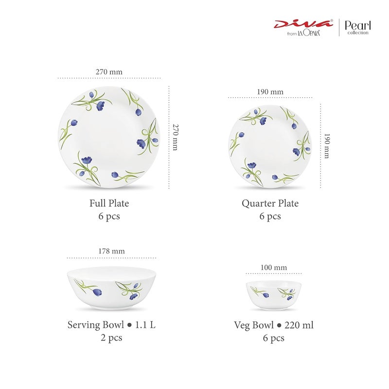 La Opala Diva by La Opala Pearl Collection Opal Glass Dinner Set 20 pcs Turquoise Trims White - Image 3
