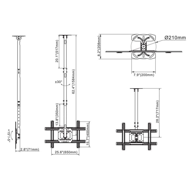 Full-Motion TV Ceiling Mount for 32" - 80" LCD TVs weighing up to 68 kg/150 lbs and upto 600x400 VESA, Adjustable Height, Cable Management, Tilting Ceiling Plate - TF-CM150