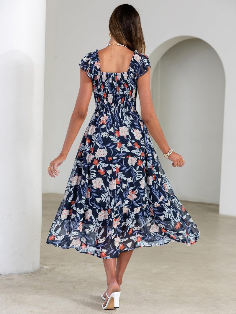 Simplee Women Floral Summer Midi Dress Beach Vacation Square Neck Spring Sun Dress A Line Chiffon Long Wedding Guest Dress 2026 (Navy Blue Floral M) - Image 5