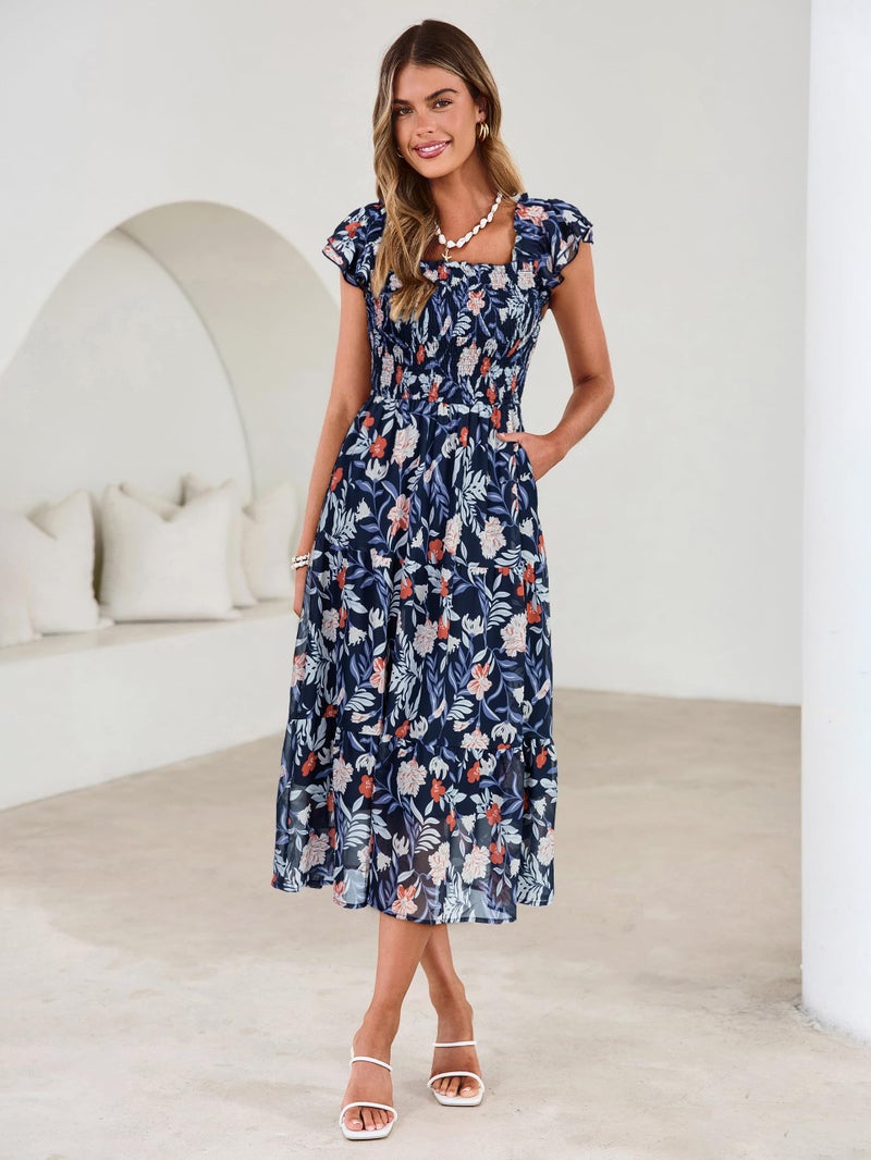 Simplee Women Floral Summer Midi Dress Beach Vacation Square Neck Spring Sun Dress A Line Chiffon Long Wedding Guest Dress 2026 (Navy Blue Floral M) - Image 3