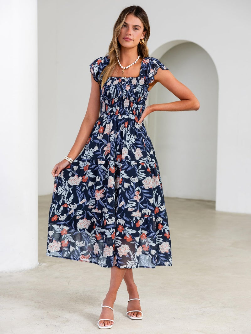 Simplee Women Floral Summer Midi Dress Beach Vacation Square Neck Spring Sun Dress A Line Chiffon Long Wedding Guest Dress 2026 (Navy Blue Floral M) - Image 4