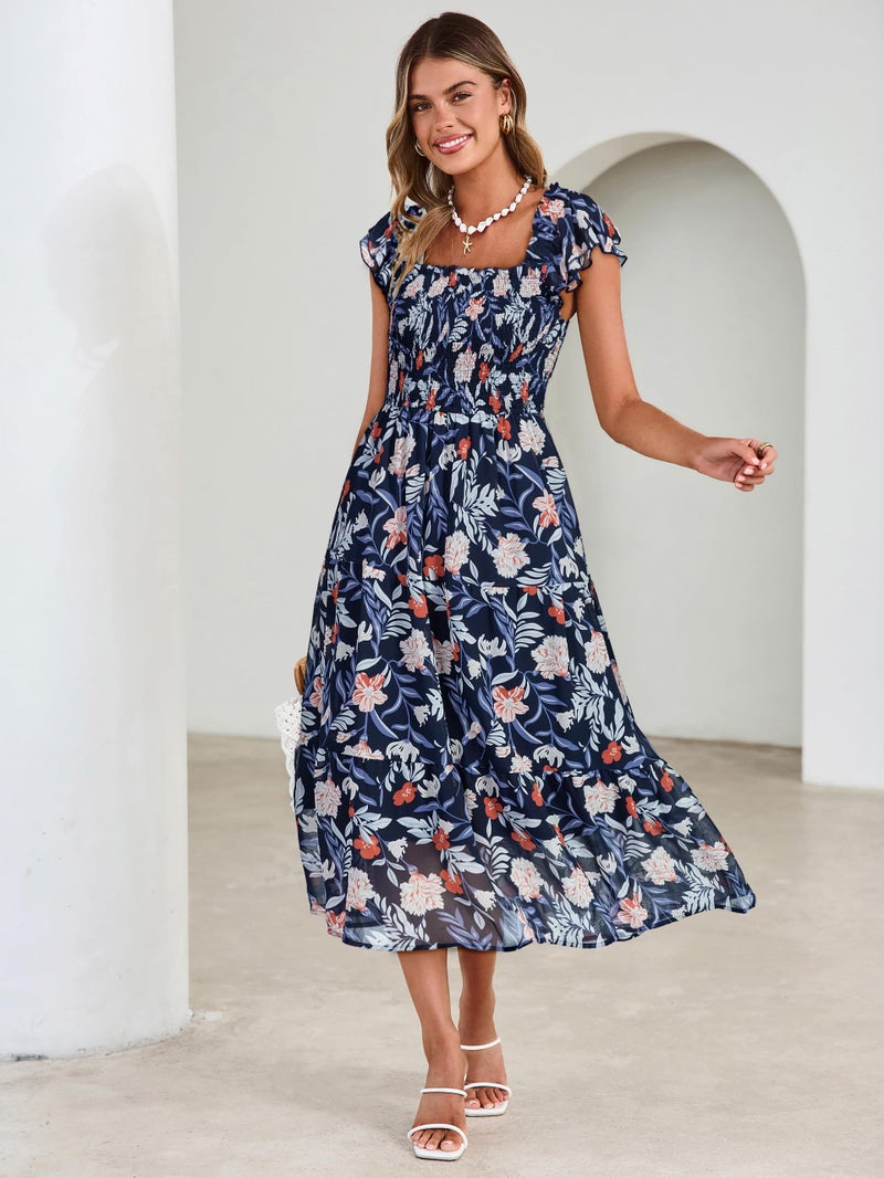 Simplee Women Floral Summer Midi Dress Beach Vacation Square Neck Spring Sun Dress A Line Chiffon Long Wedding Guest Dress 2026 (Navy Blue Floral M) - Image 2