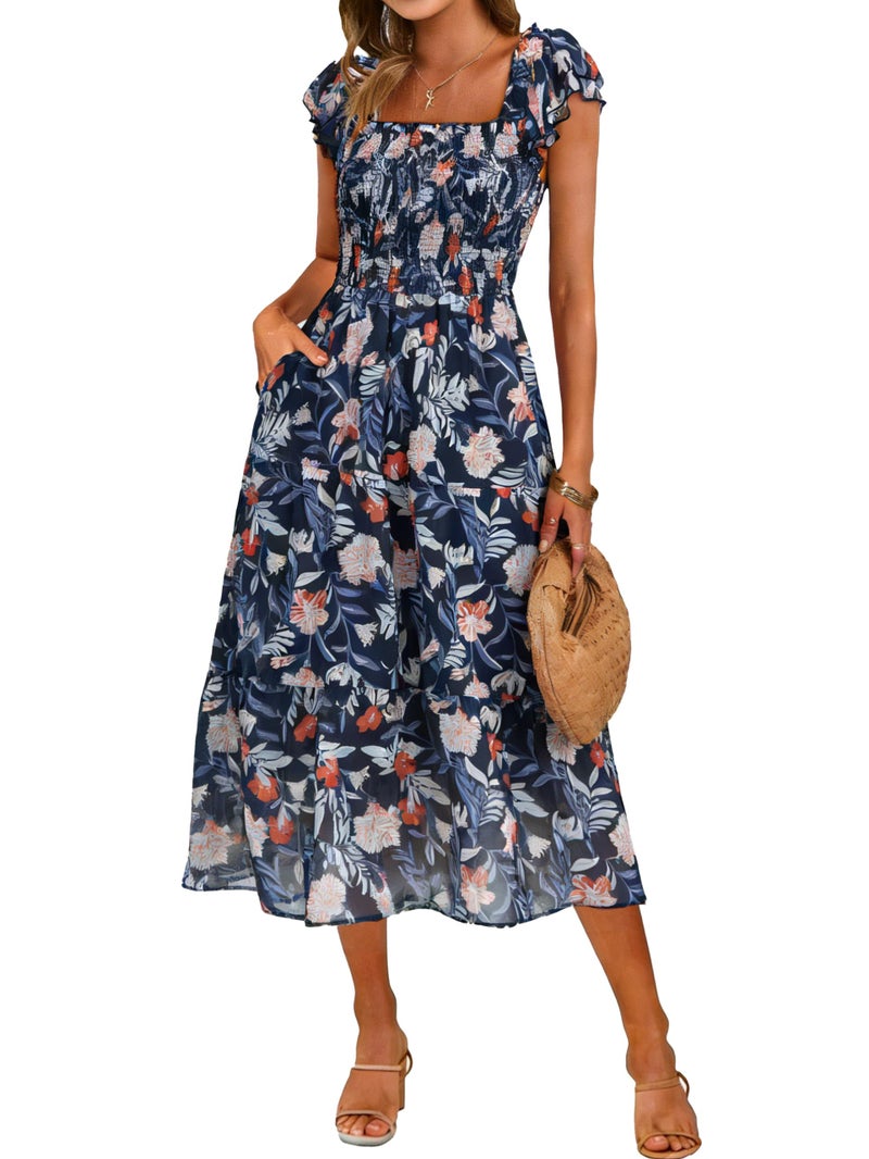 Simplee Women Floral Summer Midi Dress Beach Vacation Square Neck Spring Sun Dress A Line Chiffon Long Wedding Guest Dress 2026 (Navy Blue Floral M) - Image 1