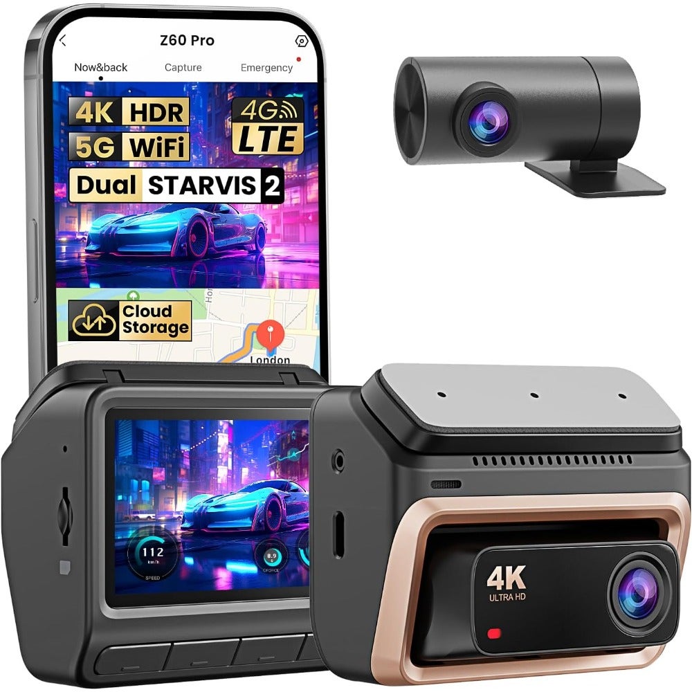 4K Dash Cam for Cars Front and Rear, 2160P+1080P Dual STARVIS 2 IMX678 IMX662 Dashcam, Dual HDR, 32G eMMC, 3K/60FPS, 4G LTE Support, 5G WiFi GPS, 3" IPS, Night Vision, 24H Parking Mode, Z60 Pro