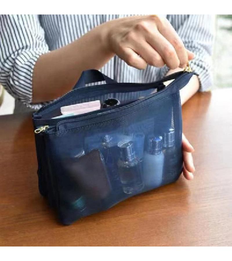 Dark Blue Mesh Large Capacity Cosmetic Bag With Zipper 3 Layers - Image 5