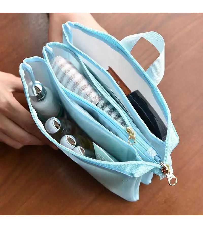 Dark Blue Mesh Large Capacity Cosmetic Bag With Zipper 3 Layers - Image 1