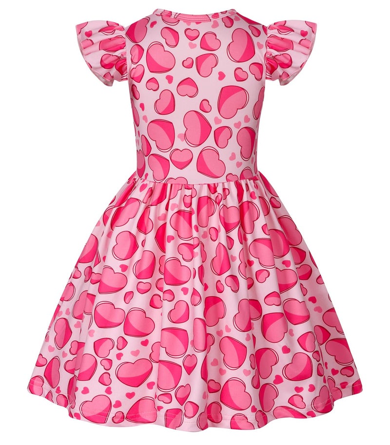 WonderBabe Valentines Day Outfit Toddler Girl Dress Love Hearts Print Ruffle Flutter Sleeve Casual Pink Valentines Dress Size 6-7 Years - Image 3