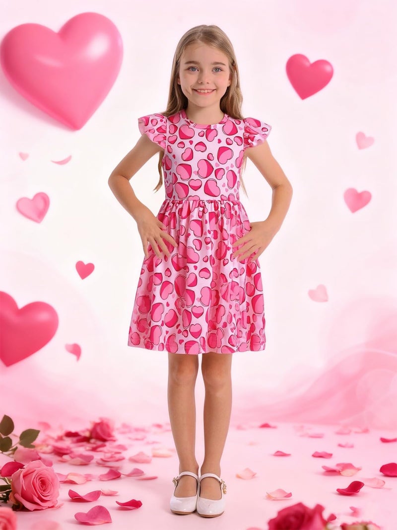 WonderBabe Valentines Day Outfit Toddler Girl Dress Love Hearts Print Ruffle Flutter Sleeve Casual Pink Valentines Dress Size 6-7 Years - Image 2